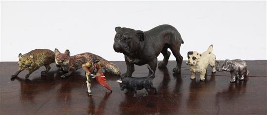 Two Austrian cold painted bronze models of foxes, Bulldog 3.75in.